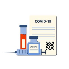 Time of vaccination against covid-19. Virus protection. Checking for antibodies and test result. Isolated concept on white background. Vector illustration