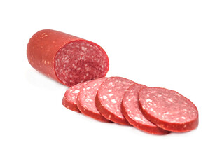 Sausage slices Semi-smoked sausage isolated on white background. Meat delicacies