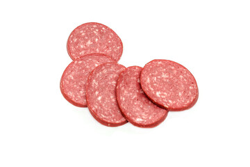 Sausage slices Semi-smoked sausage isolated on white background. Meat delicacies