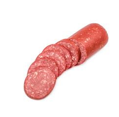 Sausage slices Semi-smoked sausage isolated on white background. Meat delicacies