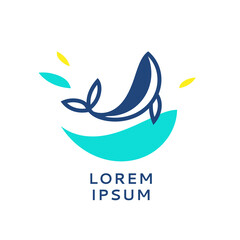 Obraz premium Logo with a silhouette of whale on waves for swimming team or water show or Seaquarium. Concept for theme of protect ecology, ocean, sea animals. Vector template.