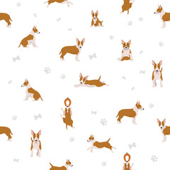 Fototapeta premium Bull terrier seamless pattern. Different poses, coat colors set.
