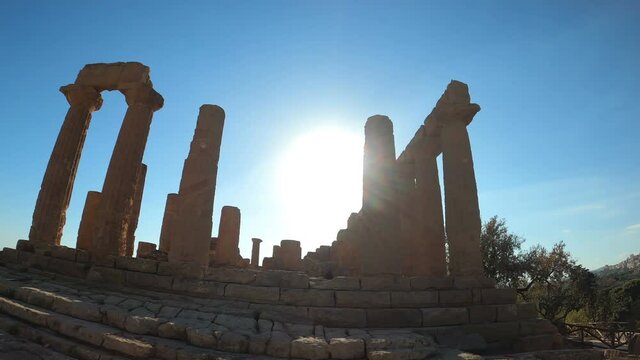 Agrigento, valley of temples - view of the temple of Heracles in sunset light