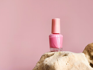 Nail polish small glass bottle on stone. Unbranded mockup on pastel pink background with copy...