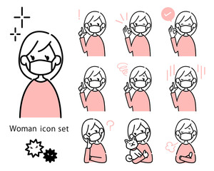 マクスをした女性のベクターアイコンセット　花粉症とウイルス対策　風邪