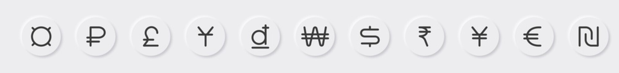 A set of buttons in a neomorphic style with signs of monetary units of different countries for mobile applications, web sites and other Internet resources. Vector elements.