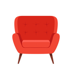 Stylish red comfortable armchair in flat cartoon style. Part of the interior of a living room or office. Isolated on white background
