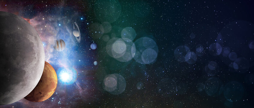 Bokeh background with stars and solar system planets. Sci-fi space exploration collage wirh copy space, elements of this image furnished by NASA.