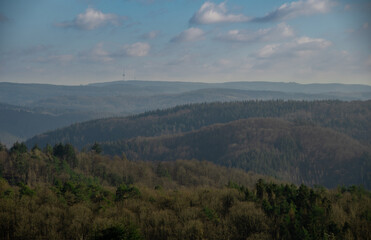 Fototapeta premium Great landscape panorama of the low mountain range of the Eifel
