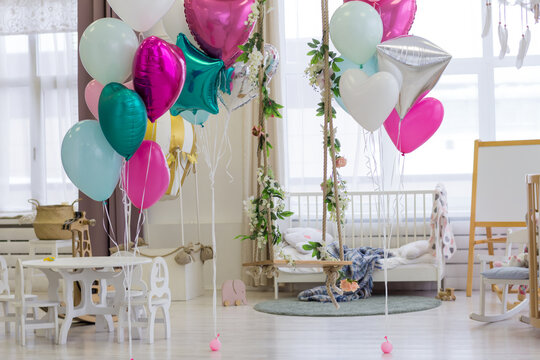 Light children's playroom or bedroom with balloons. Ideal bright room or interior with nobody in it.
