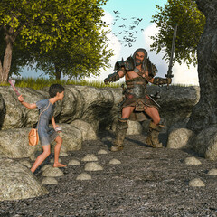 Naklejka premium David and the giant Goliath, Biblical illustration. 3d rendering, 3d illustration.