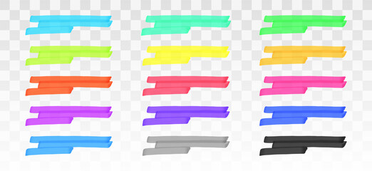 Color highlighter lines set isolated on transparent background. Red, yellow, pink, green, blue, purple, gray, black marker pen highlight underline strokes. Vector hand drawn graphic stylish element