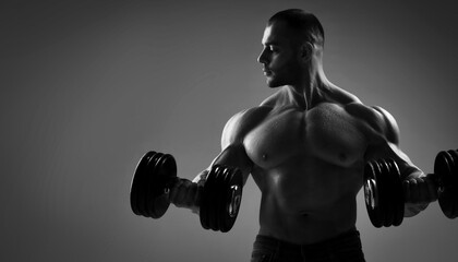 Fototapeta na wymiar Closeup of a muscular strong well built men bodybuilder lifting dumbbell weights get ready for exercise in fitness gym. Young man lifting weights. Black and white 