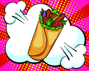 Hand drawn Fresh tortilla wraps. Vector Fast Food sketch. Comic book style, pop art retro vector illustration