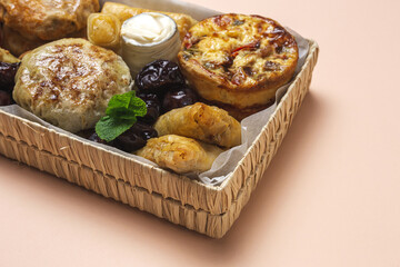 Traditional assortment of Arabic food snacks. Moroccan food.