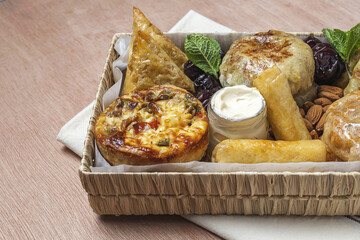 Traditional assortment of Arabic food snacks. Moroccan food.