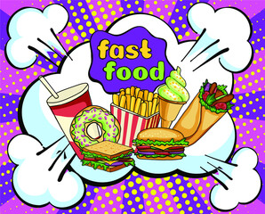 Vector banner with fast food: milkshake, cupcake, hamburger, french fries. Pop art style. Pink background