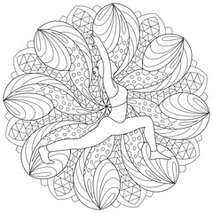 Coloring book page mandala with yoga pose asanas. Yoga school coloring page. Use for adults and children as art therapy.