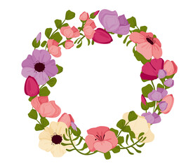 Flowers are arranged in a circle, romantic spring bouquet. vector