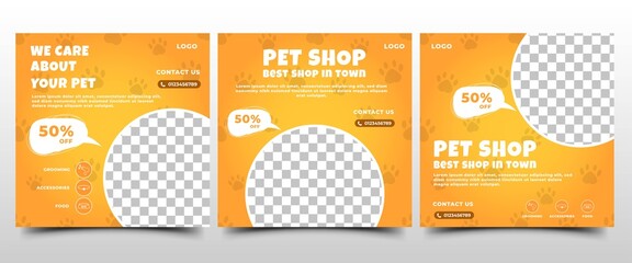 Modern social media post template design set for pet shop. Yellow background color with paw print pattern illustration. Flat design vector with photo collage. Usable for social media, flyers, and web