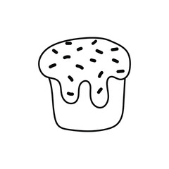 Easter doodle, festive cake with icing and sprinkling, linear vector illustration. hand drawn style symbols and objects, simple, black drawing for sticker, decor, postcard, icon, coloring page, logo, 