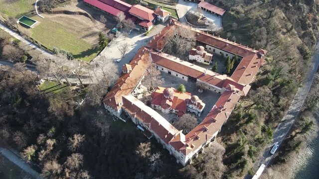 Aerial view of Medieval Bachkovo Monastery Dormition of the Mother of God, Bulgaria