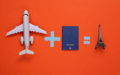 Travel concept. Equation with passport, airplane and eiffel tower on orange background