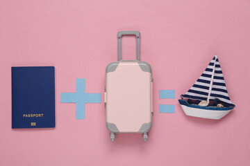 Travel concept. Equation with passport, luggage and yacht on pink background