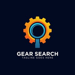 Gear search logo - wheel or pinion and loupe or magnifier symbol. Industry, equipment and repair vector icon.