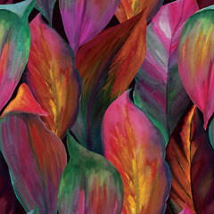 Dark tropical leaves colorful watercolor illustration. Botanical seamless pattern © Lia