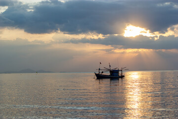 boat on the sea , Fishing boats at sunset, Bang Lamung, Chon Buri, Thailand