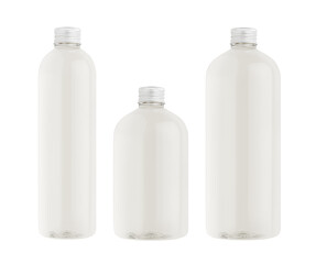Set of different size plastic tall, low and thick bottles with water, silver cap mockup, isolated, template.