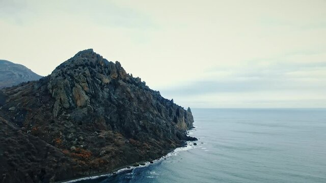 Aerial view of the rocks and coastline of the extinct volcano Karadag.