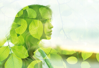 Green leaves combines with the beauty of young attractive woman. Health and human design concept.