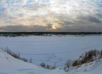 Mysterious footprints on a frozen lake. Leningrad region.