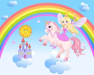 Ingelijste posters Eenhoorn Sky Castle and Rainbow Little Fairy and Unicorn  © omnipotent