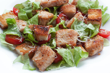 Salad of tomatoes, grated cheese, chicken pieces and lettuce leaves on a white background. Close-up. 