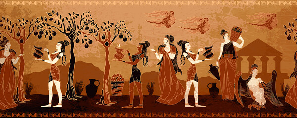 Ancient Greece. Horizontal seamless pattern. Greek mythology art. Old history and culture. Goddesses and people. Black figure pottery style - obrazy, fototapety, plakaty