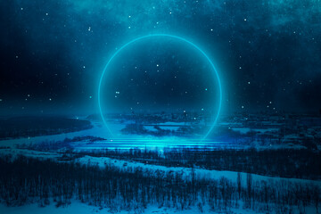 Night cold landscape from a height, forest, roads and city houses. Futuristic neon ring, portal. Reflection of light in water. Fantasy landscape. 3D illustration. 