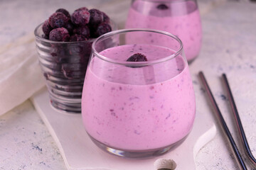 Fresh frozen blueberry smoothie.
Close-up.