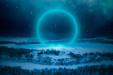 Fototapeta na wymiar Night cold landscape from a height, forest, roads and city houses. Futuristic neon ring, portal. Reflection of light in water. Fantasy landscape. 3D illustration. 
