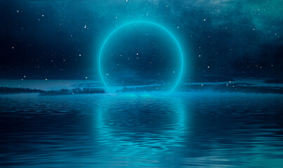 Fototapeta na wymiar Night cold landscape from a height, forest, roads and city houses. Futuristic neon ring, portal. Reflection of light in water. Fantasy landscape. 3D illustration. 