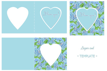 Template for a postcard with the image of hearts and flowers. Decorative design for laser cutting.