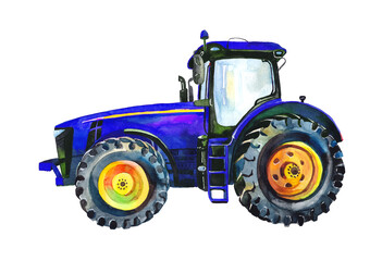 Blue cute tractor isolated on white background. Watercolour. Greeting card, calendar, print, poster. 