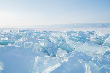 Fototapeta na wymiar Outdoor view of ice blocks at frozen baikal lake in winter