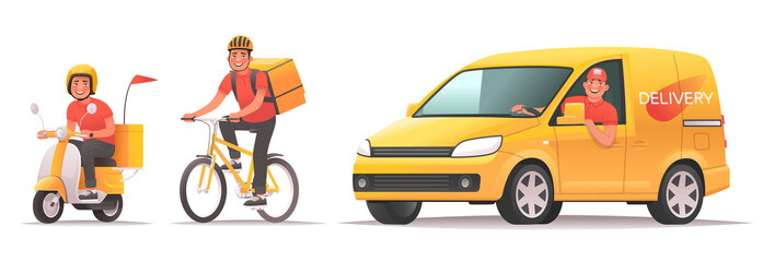 Food and goods delivery service. Online ordering and tracking in the mobile application. Happy courier