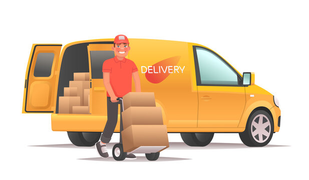 Warehouse worker unloading goods from the van. Delivery service and transport logistics. Vector illustration