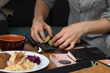 Cooking at home, preparing food