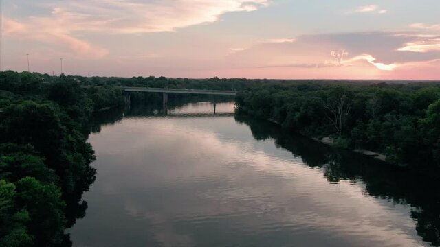Aerial: Gun Island Chute river at sunset, Montgomery, Alabama