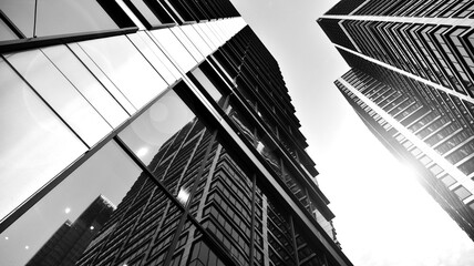 Fototapeta na wymiar Bottom view of modern skyscrapers in business district against sky. Looking up at business buildings in downtown. Rising sun on the horizon. Black and white.